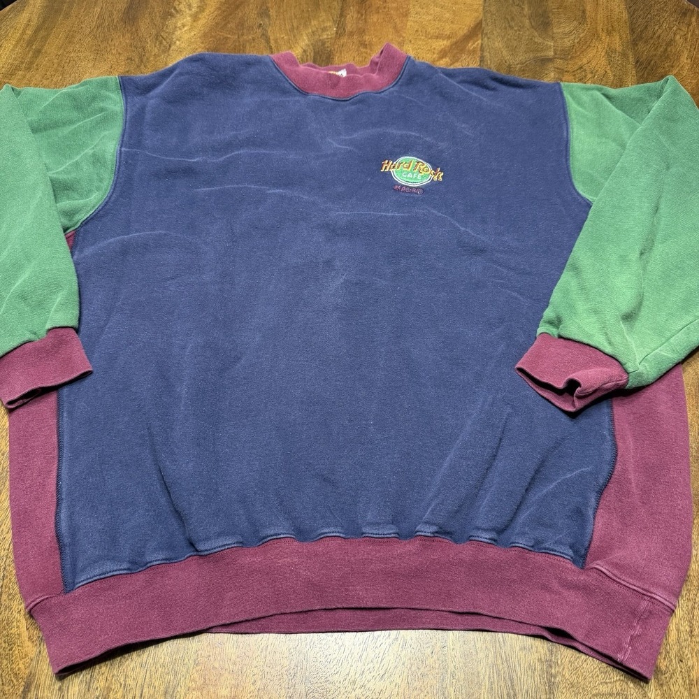 Vinatge 90s Hard Rock Cafe Madrid Crewneck sweatshirt Color block rare Large